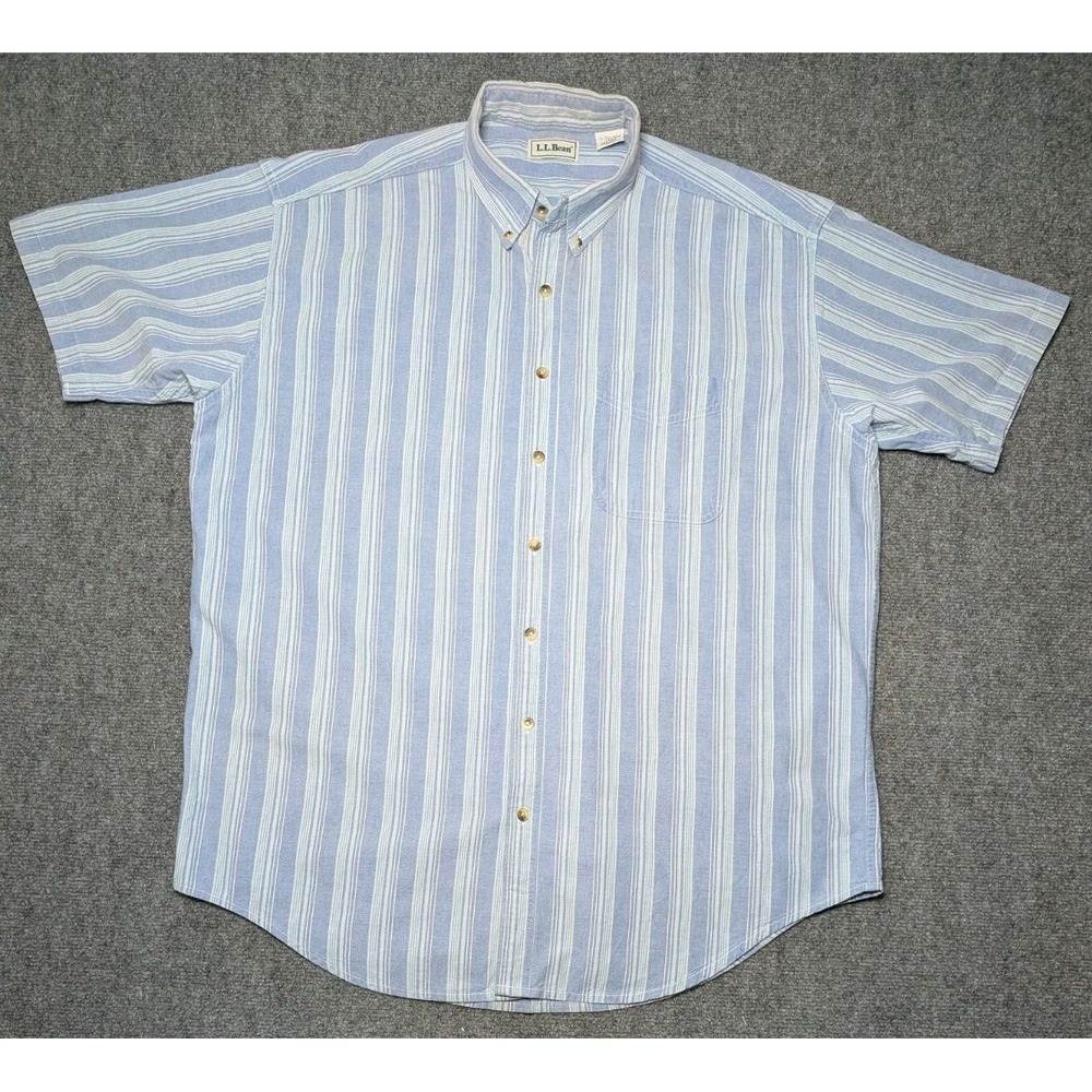 L.L Bean Men's Size XL Tall Cotton Short Sleeve Button Down Blue Striped V640